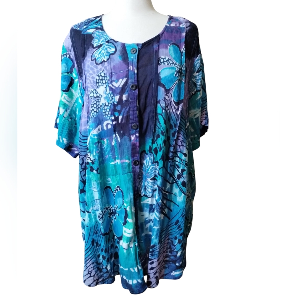 Roaman's Top Button-Up 1X Floral Plus Size Abstract Tropical Floral Batik Print